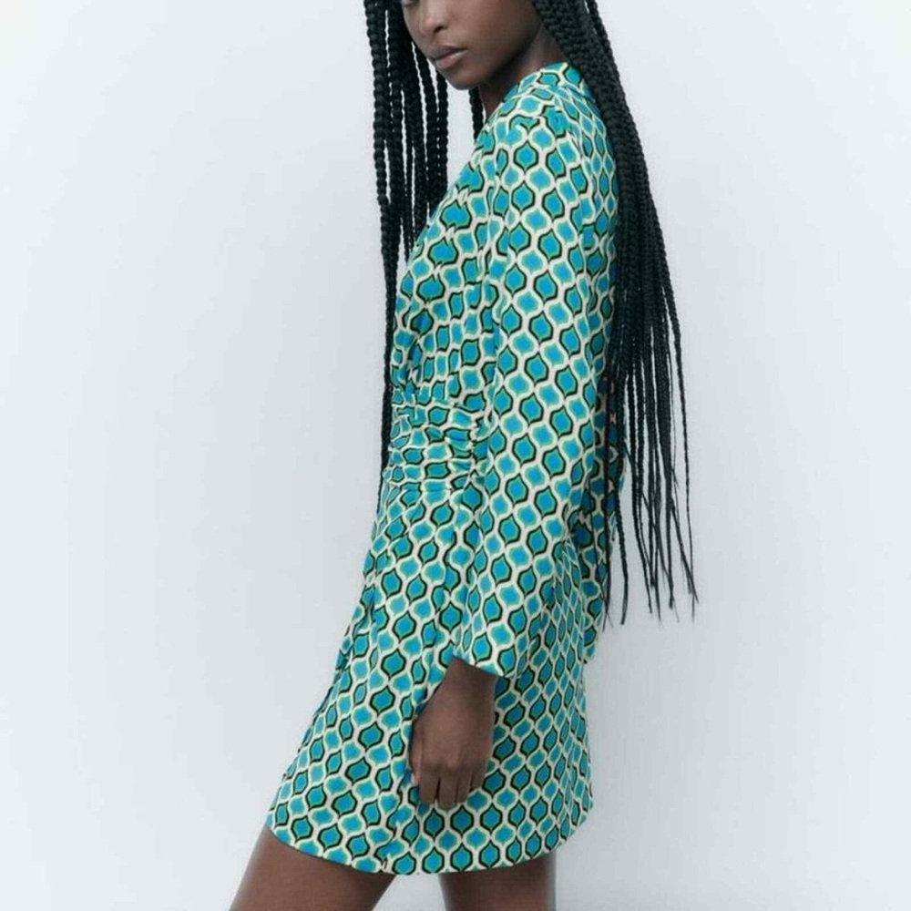 Zara Geometric Print Blazer Dress Blue Green Size US M/Mex 28